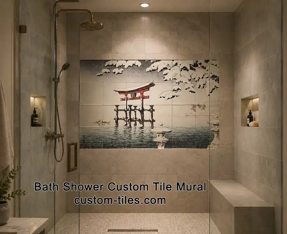 Custom bathroom and shower tile mural installation
